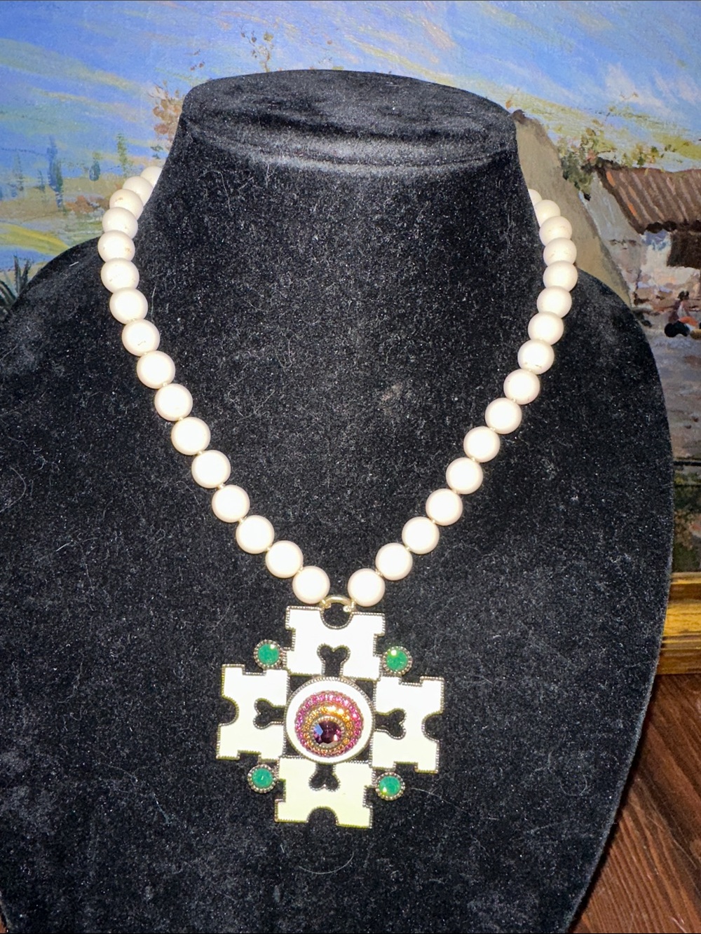 Heidi Daus Ivory Bead Necklace with Multicolor Medallion and Green Accents